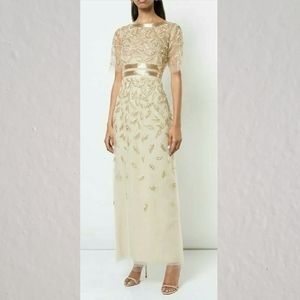 (*)$11,790 NEW R18 OSCAR DE LA RENTA CHAMPAGNE GOLD LEAF BEAD GOWN US 6, 12